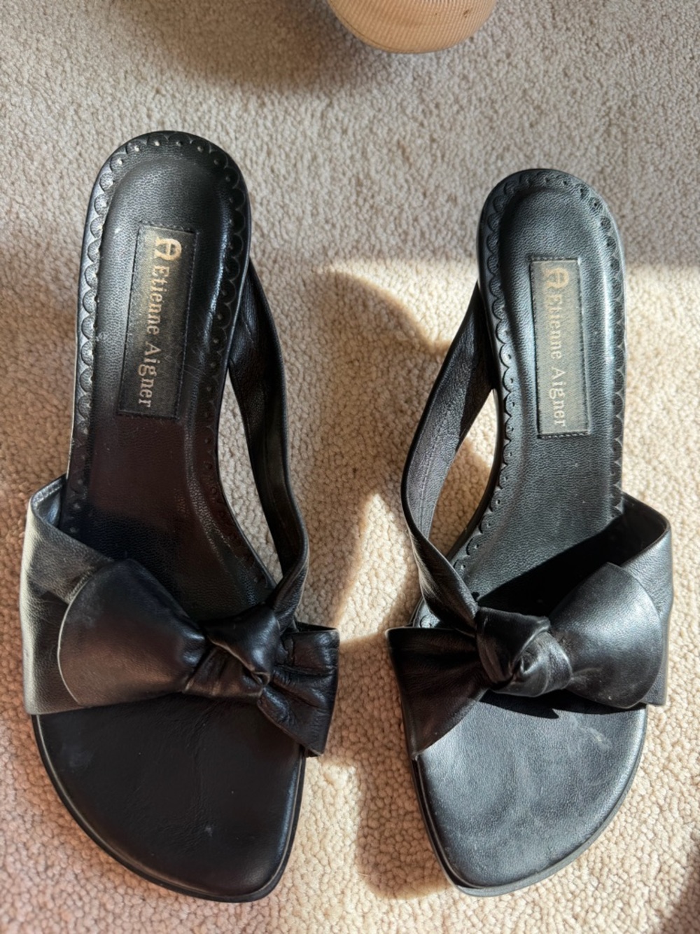 Etienne Aigner Black Knotted Bow Leather Slide Mules
